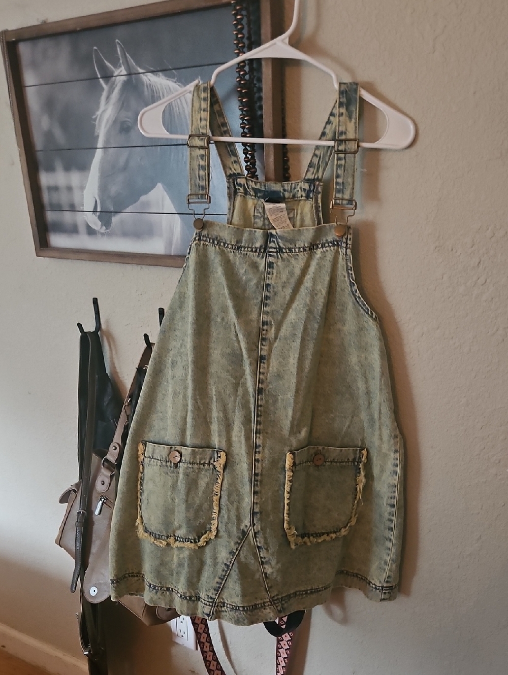 Acid-Wash Green Denim Pinafore Dress with Patch Pockets